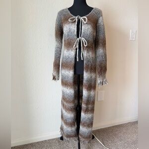 Vtg Twiggy Mohair Blend Tie-Front Cardigan Duster M Ombre Fringe Knit Taiwan